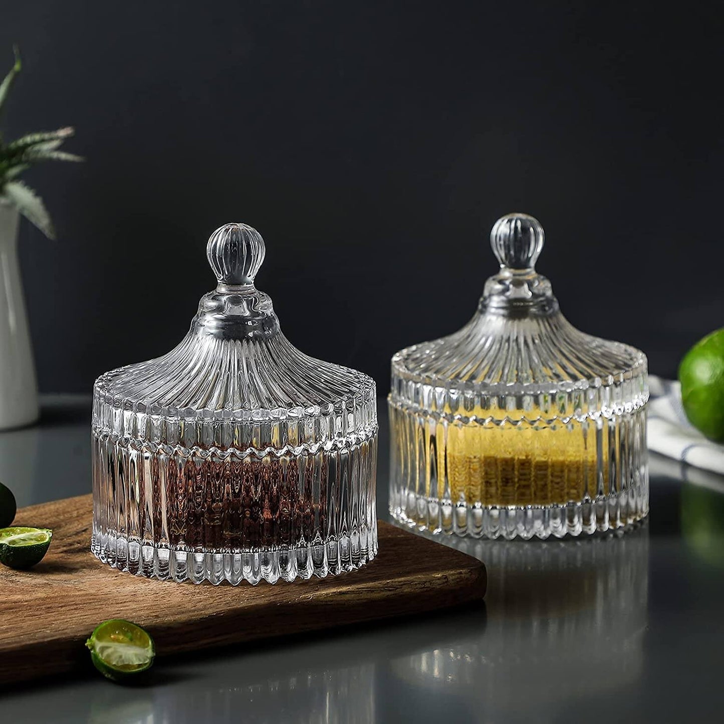 Crystal Glass Candy Jar Set of 2 in a table